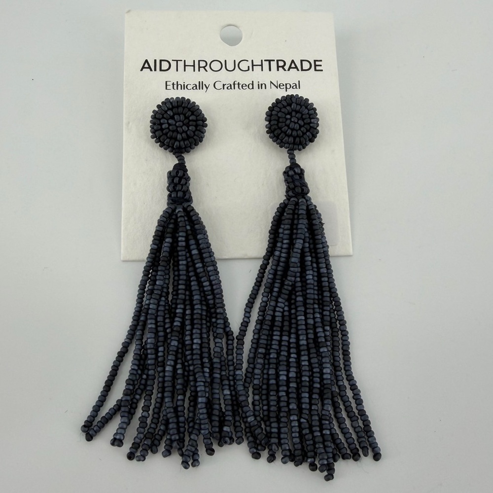 NWT Handmade in Nepal Navy Blue Beaded Tassel Earrings